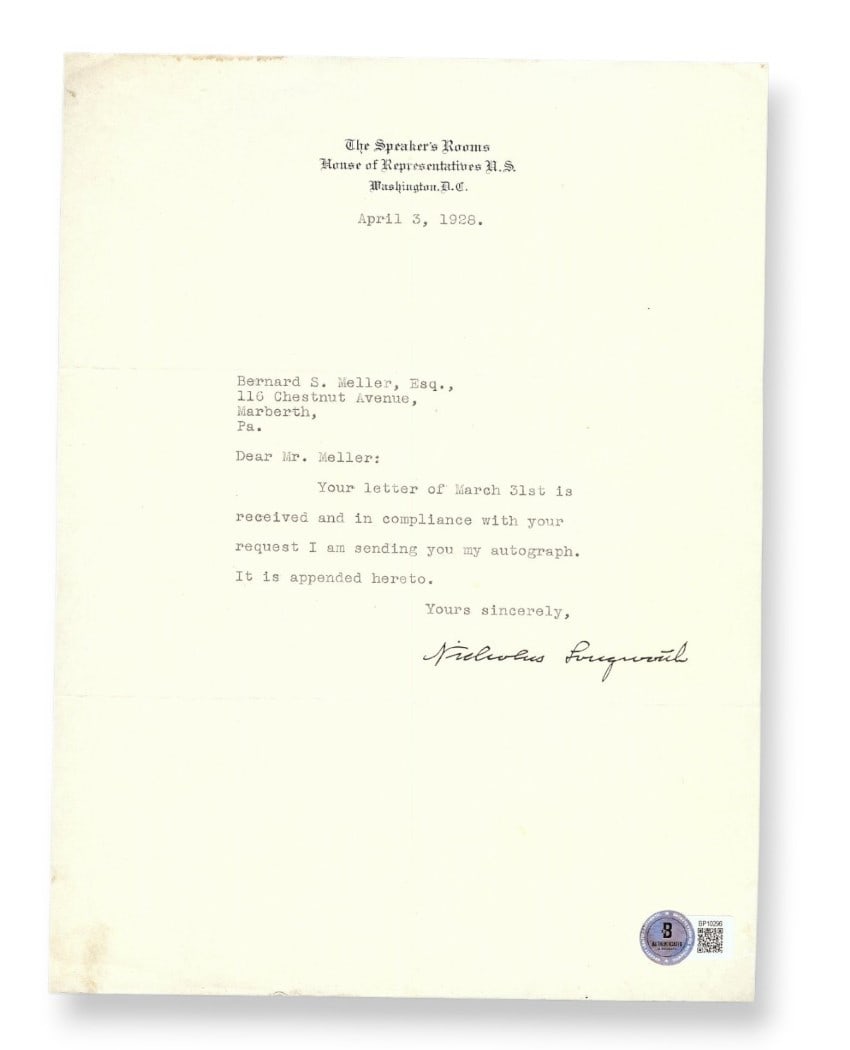 Nicholas Longworth Autographed Letter 1928 House Speaker Beckett Authenticated (1 of 2)