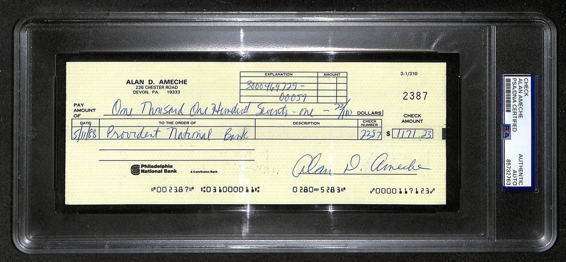 1988 Bank Check Signed by Alan Ameche Wisconsin Heisman PSA/DNA Authenticated: 1988 Bank Check Signed by Alan Ameche Wisconsin Heisman PSA/DNA Authenticated This is an original 1988 bank check signed by Alan Ameche, the 1954 Heisman Trophy winner from Wisconsin and a member of t