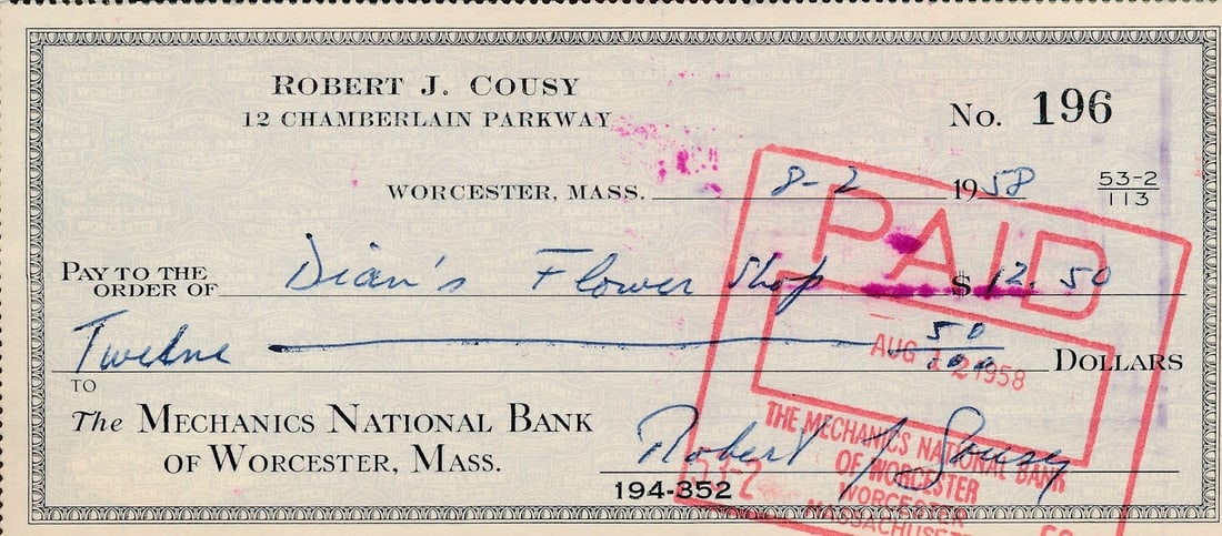 Bob Cousy Autographed 1958 Bank Check Boston Celtics JSA Authenticated (1 of 3)