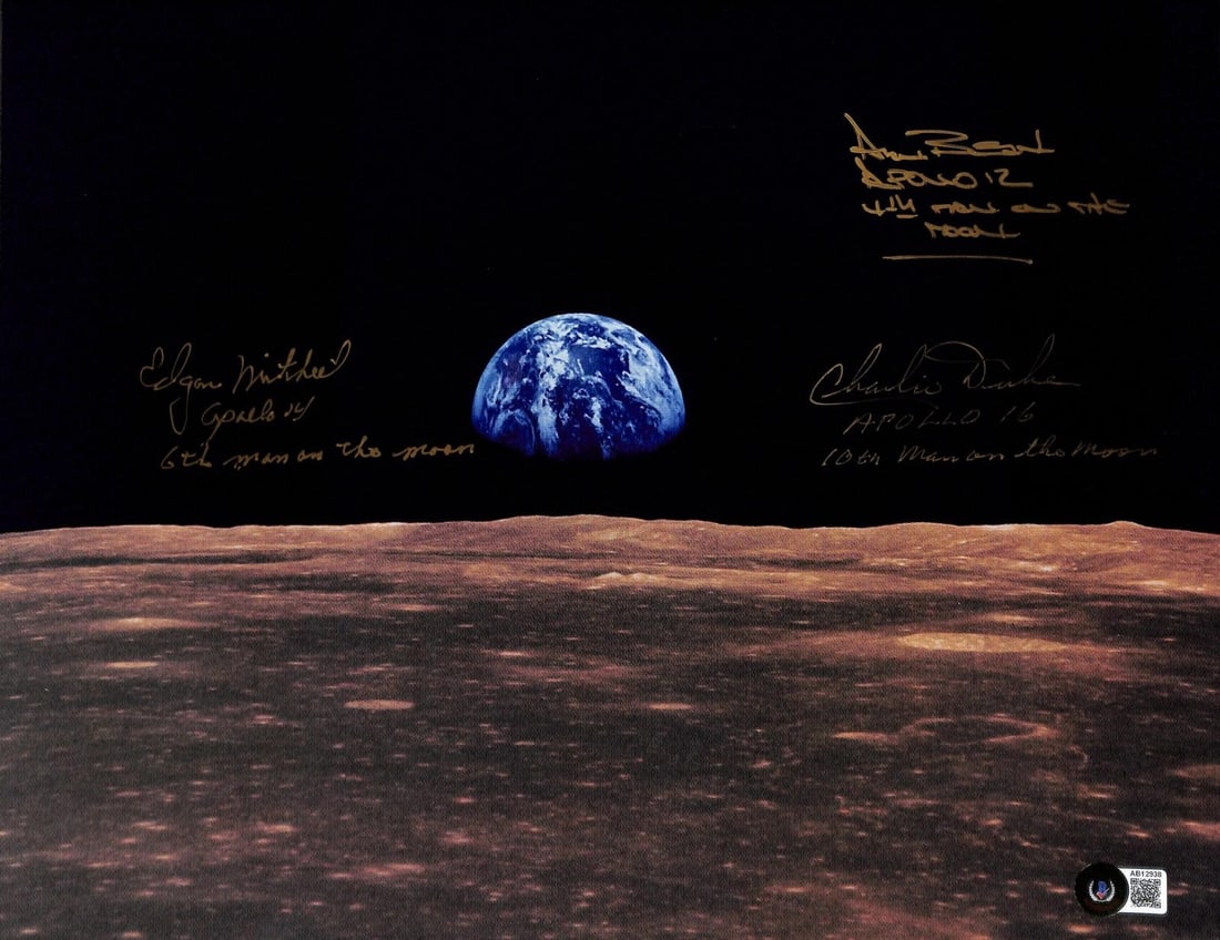 Signed Earthrise Photo by Bean Duke Mitchell Beckett 11x14: Signed Earthrise Photo by Bean Duke Mitchell Beckett 11x14 This 11x14 photograph titled "Earthrise" features authentic signatures from three Apollo astronauts: Alan Bean, Charlie Duke, and Edgar Mitch