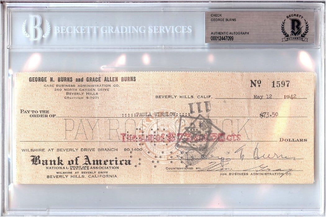 George Burns 1942 Signed Check Authenticated by Beckett: George Burns 1942 Signed Check Authenticated by Beckett This is an original personal check signed by actor George Burns. The autograph on this item has been authenticated by Beckett Authentication. Th