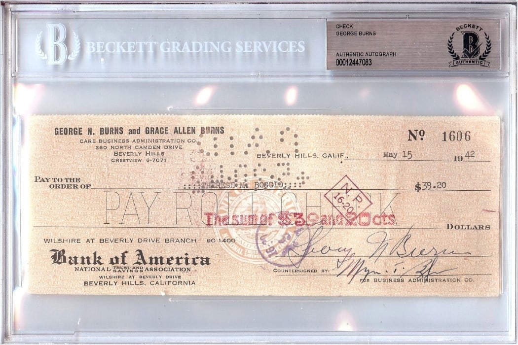 1942 George Burns Signed Personal Check Beckett Authenticated Hollywood Memorabilia (1 of 1)