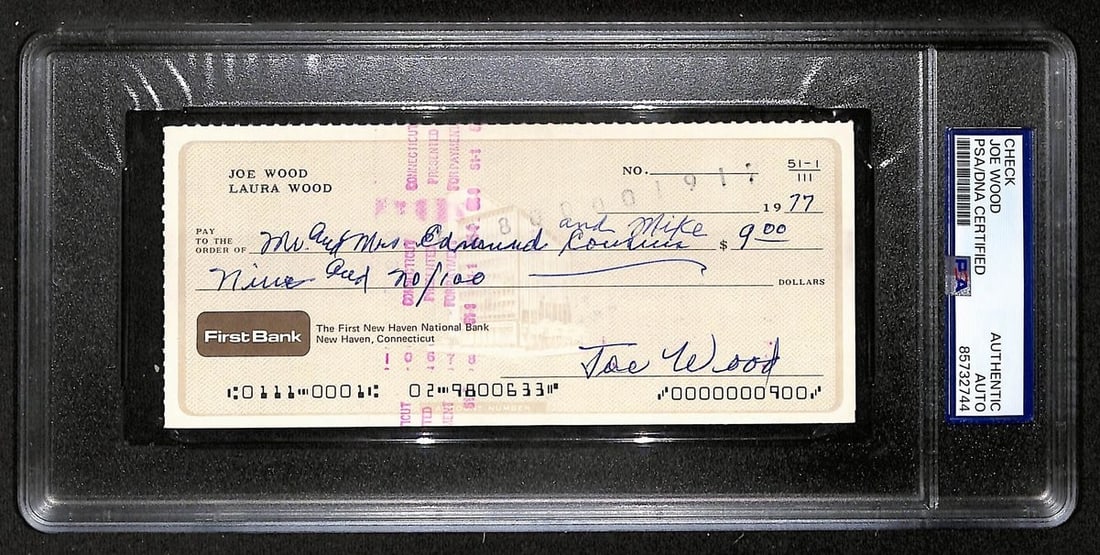 1977 PSA DNA Authenticated Bank Check Signed by Smokey Joe Wood Boston Red Sox HOF: 1977 PSA DNA Authenticated Bank Check Signed by Smokey Joe Wood Boston Red Sox HOF This is an original 1977 bank check signed by Hall of Famer Smokey Joe Wood of the Boston Red Sox. The check has been