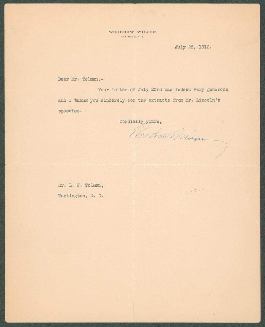 Woodrow Wilson Hand-Signed 1912 Letter With Beckett COA 8x10 Autograph: Woodrow Wilson Hand-Signed 1912 Letter With Beckett COA 8x10 Autograph This 8x10 letter, dated July 25, 1912, has been personally signed by Woodrow Wilson. The autograph has been authenticated by Beck