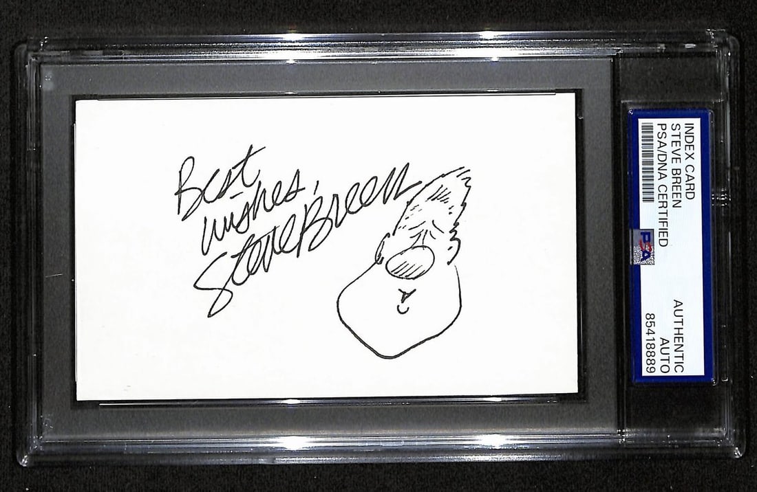 Steve Breen Signed 3x5 Index Card Political Cartoon PSA/DNA: Steve Breen Signed 3x5 Index Card Political Cartoon PSA/DNA Offered is an original, signed, and inscribed 3x5 index card by renowned cartoonist Steve Breen, featuring his political cartoons. This item