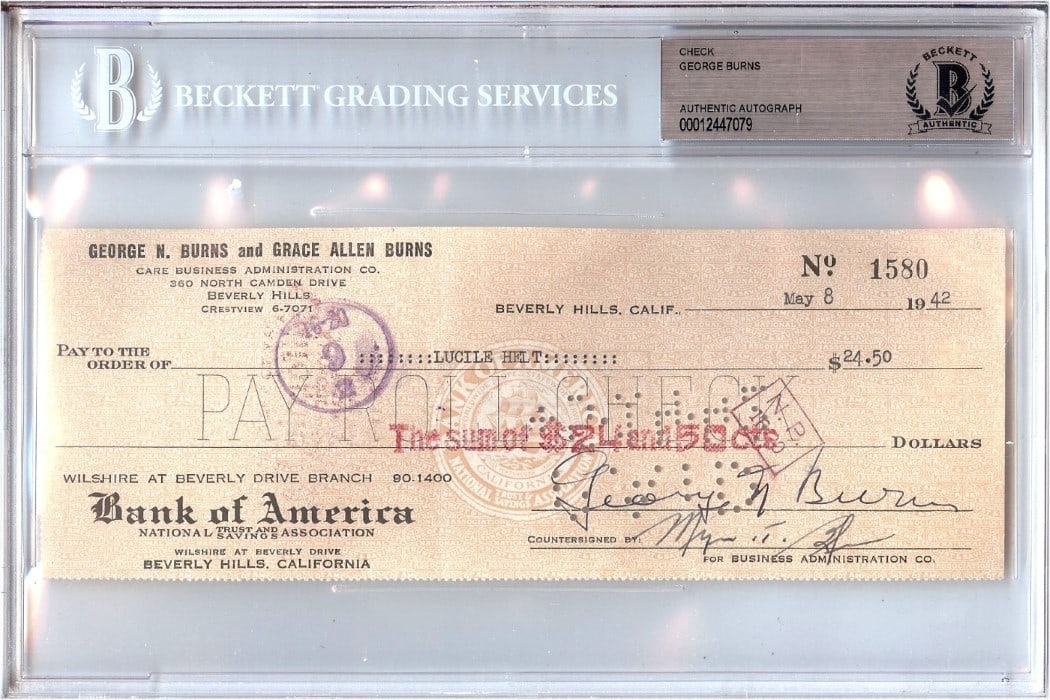 1942 George Burns Signed Personal Check with Beckett Authentication: 1942 George Burns Signed Personal Check with Beckett Authentication This is an original personal check signed by actor George Burns. The autograph has been authenticated by Beckett Authentication. The
