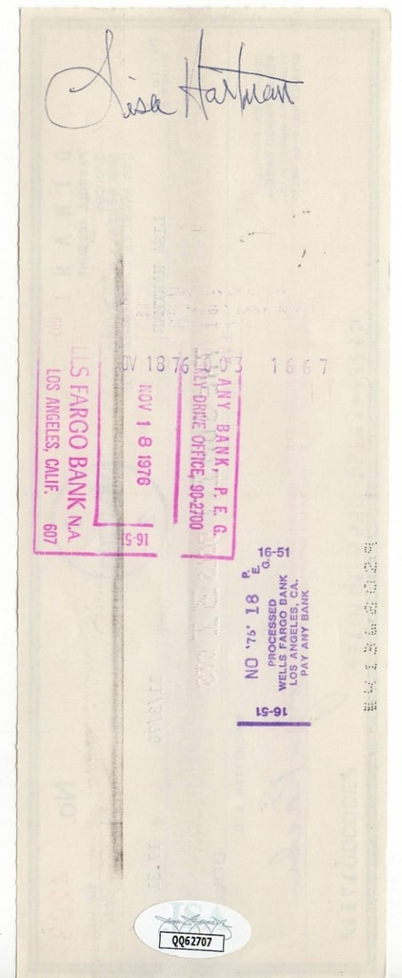Lisa Hartman JSA Authenticated Signed Bank Check Actress Singer Collectible (1 of 3)