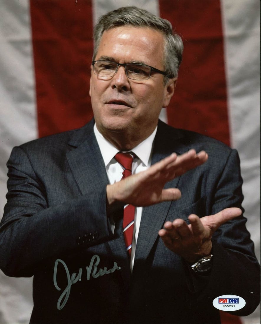 Jeb Bush Signed 8x10 Photo with PSA/DNA Authentication #Z55291: Jeb Bush Signed 8x10 Photo with PSA/DNA Authentication #Z55291 This authentic 8x10 photo features the signature of Jeb Bush, a notable Republican Presidential Nominee. The photograph has been personal