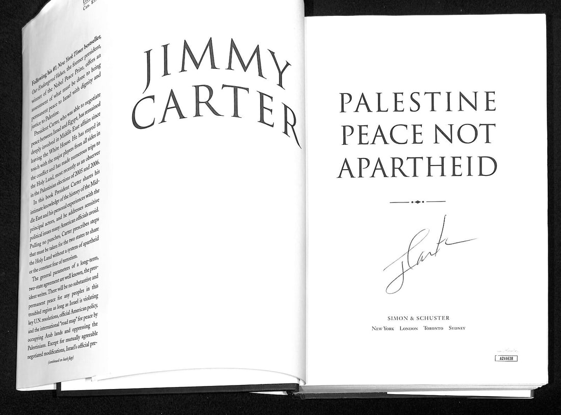 Jimmy Carter Signed Palestine Peace Not Apartheid Book JSA Authenticated: Jimmy Carter Signed Palestine Peace Not Apartheid Book JSA Authenticated This is a pre-owned hardcover book titled "Palestine Peace Not Apartheid" authored by former President Jimmy Carter. The book i