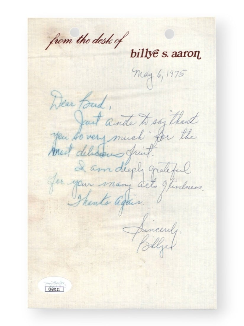 Billye Aaron Autographed Handwritten Letter JSA Certified (1 of 2)