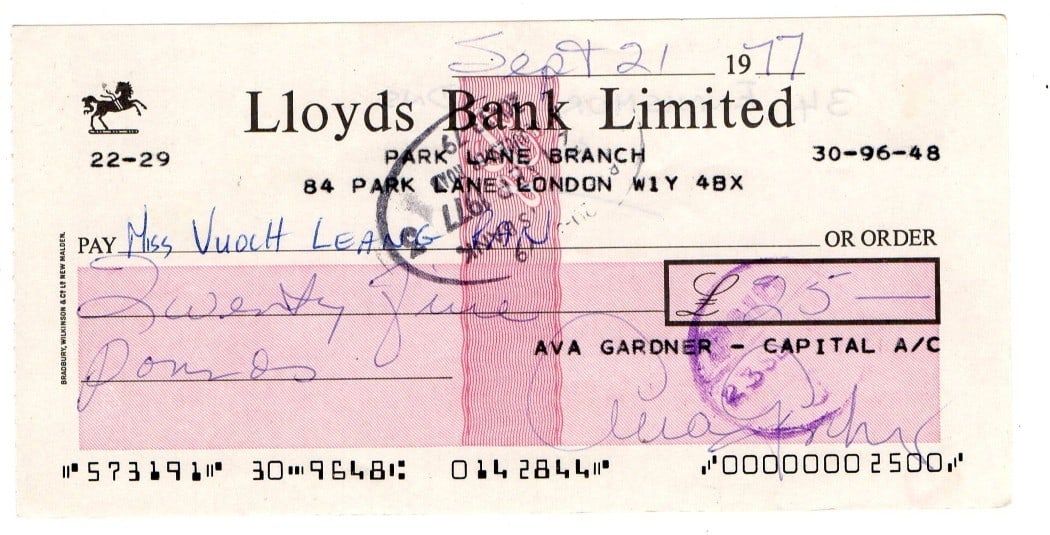 Ava Gardner Hand Signed 1977 Bank Check with JSA Authentication: Ava Gardner Hand Signed 1977 Bank Check with JSA Authentication This is an original bank check hand-signed by legendary actress Ava Gardner. The autograph is authenticated by James Spence Authenticati