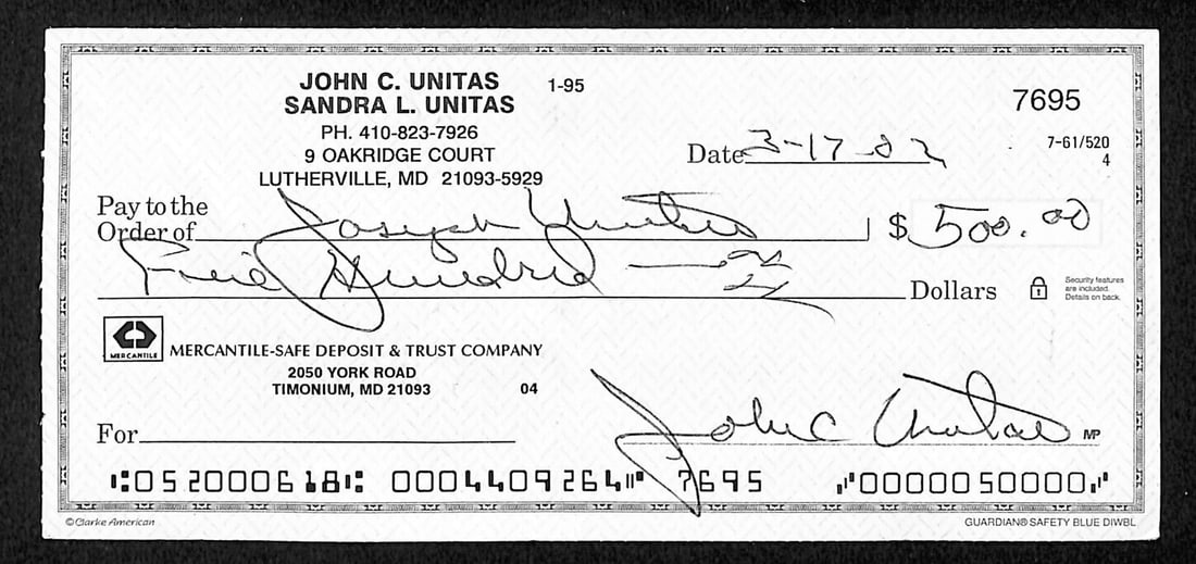Johnny Unitas Autographed 2002 Bank Check Baltimore Colts JSA Authenticated: Johnny Unitas Autographed 2002 Bank Check Baltimore Colts JSA Authenticated This is an original 2002 bank check signed by Johnny Unitas, a Hall of Fame quarterback renowned for his time with the Balti