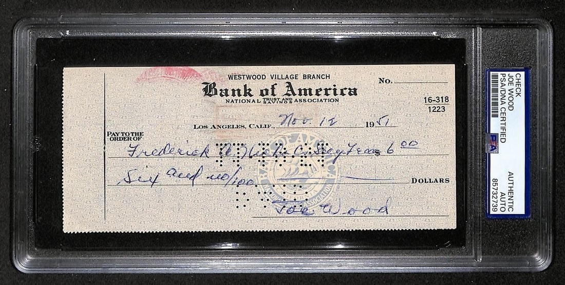 1951 Bank Check Signed by Smokey Joe Wood Boston Red Sox PSA DNA Authenticated: 1951 Bank Check Signed by Smokey Joe Wood Boston Red Sox PSA DNA Authenticated This is an original 1951 bank check signed by Hall of Famer Smokey Joe Wood of the Boston Red Sox. The check has been aut