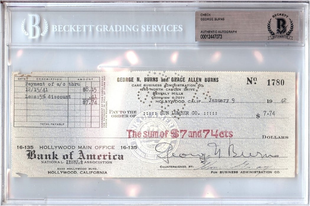 1942 George Burns Signed Personal Check Authenticated by Beckett (1 of 1)