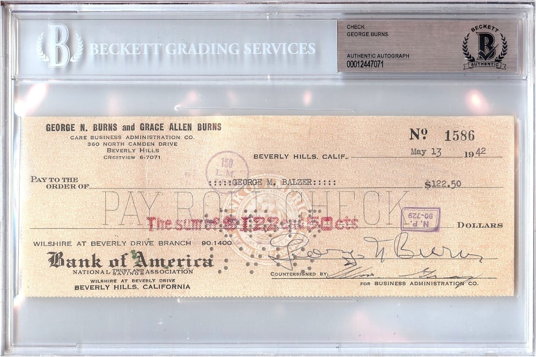 1942 George Burns Signed Personal Check Authenticated by Beckett (1 of 1)