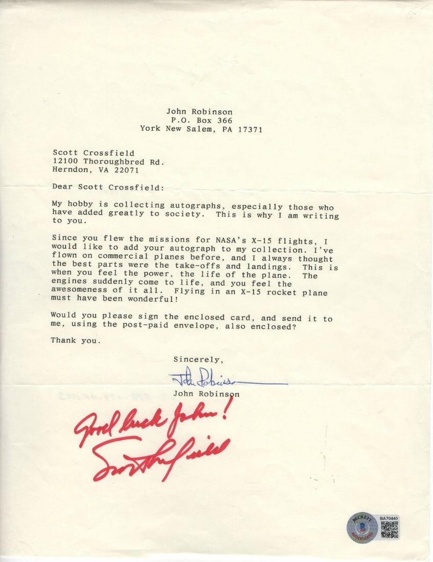 Scott Crossfield Autographed Letter NASA X-15 Beckett Authenticated (1 of 2)