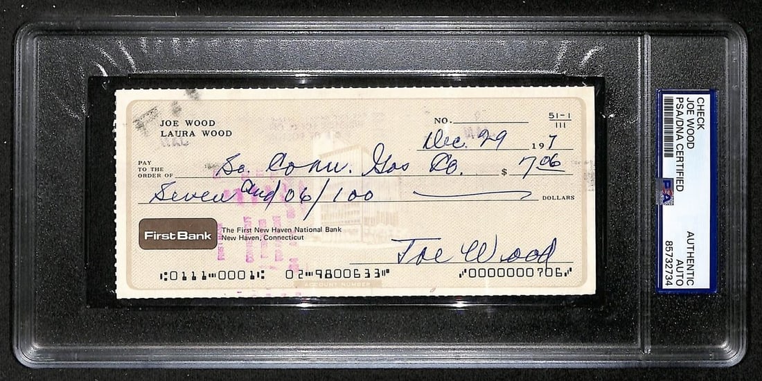1979 Bank Check Signed by Smokey Joe Wood PSA DNA Authenticated: 1979 Bank Check Signed by Smokey Joe Wood PSA DNA Authenticated This is an original 1979 bank check signed by Hall of Famer Smokey Joe Wood of the Boston Red Sox. The check has been authenticated by P
