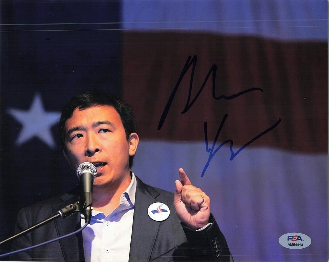 Andrew Yang Autographed 8x10 Photo PSA/DNA Certified: Andrew Yang Autographed 8x10 Photo PSA/DNA Certified This is a professionally printed 8x10 photograph featuring Andrew Yang, who has personally signed it. The autograph has been authenticated by PSA/D