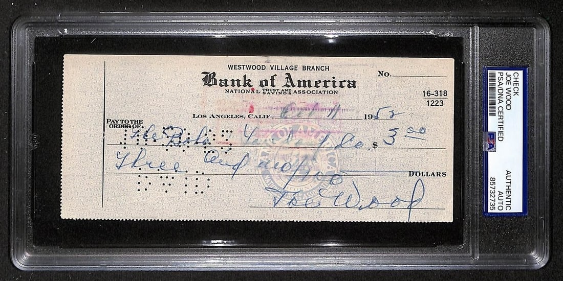 1952 Bank Check Signed by Smokey Joe Wood PSA DNA Authentic Boston Red Sox: 1952 Bank Check Signed by Smokey Joe Wood PSA DNA Authentic Boston Red Sox This is an original 1952 bank check signed by Hall of Famer Smokey Joe Wood of the Boston Red Sox. The item is authenticated 