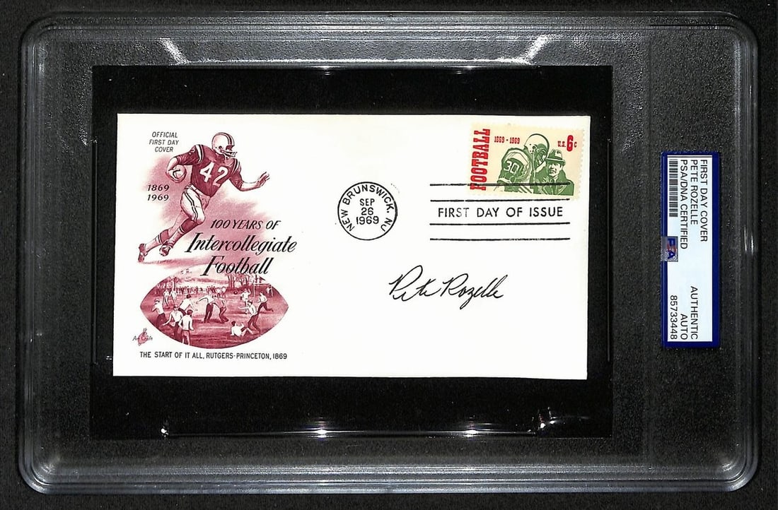 1969 First Day Cover Envelope Signed by Pete Rozelle with PSA DNA Authentication: 1969 First Day Cover Envelope Signed by Pete Rozelle with PSA DNA Authentication This is an original 1969 First Day Cover (FDC) envelope signed by Pete Rozelle, the former NFL Commissioner and Hall of