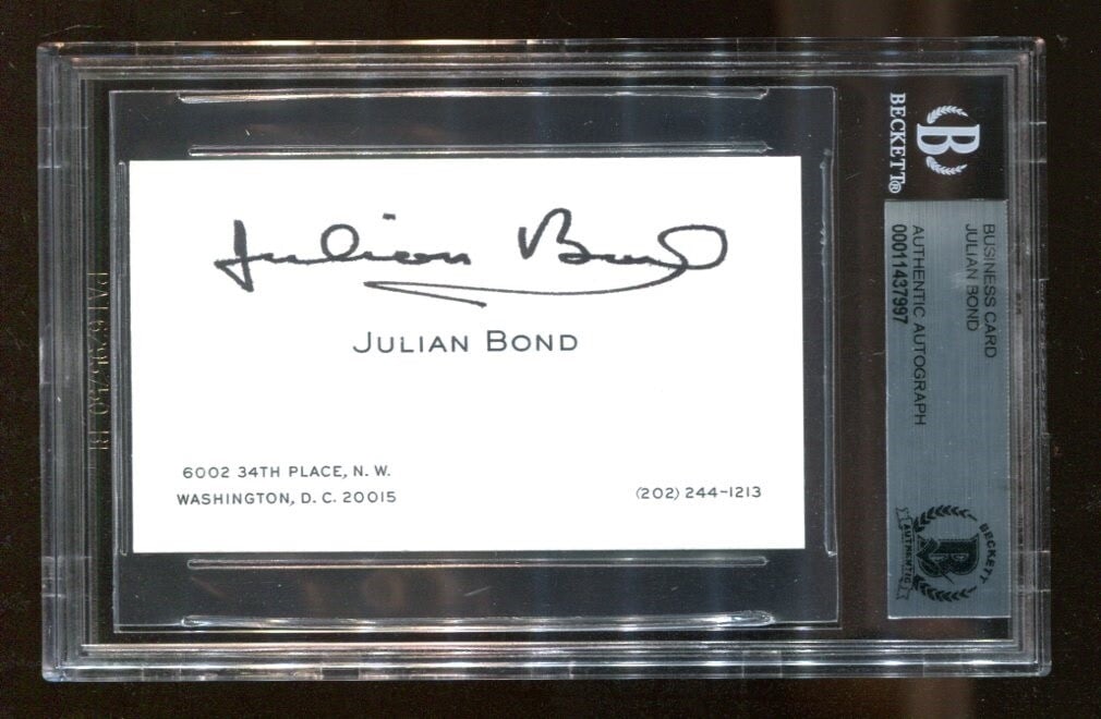 Julian Bond NAACP Civil Rights Signed Card Beckett Authenticated: Julian Bond NAACP Civil Rights Signed Card Beckett Authenticated This is an original business card autographed by Julian Bond, a prominent civil rights leader and former chairman of the NAACP. The aut