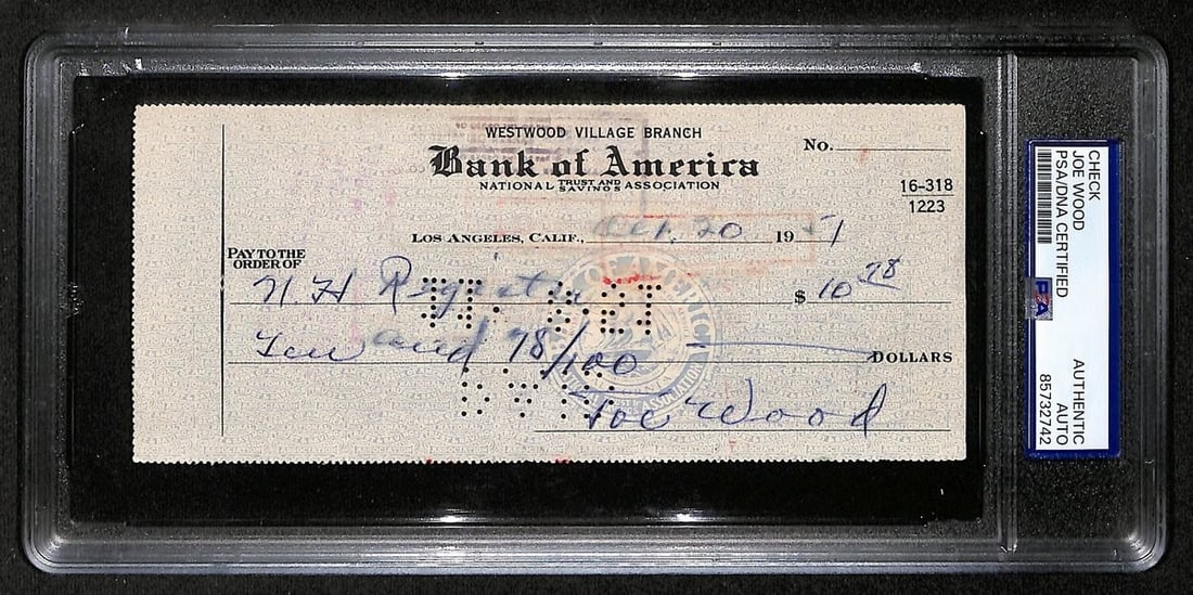 1951 Bank Check Signed by Smokey Joe Wood PSA DNA Authenticated: 1951 Bank Check Signed by Smokey Joe Wood PSA DNA Authenticated This is an original 1951 bank check signed by Hall of Famer Smokey Joe Wood, associated with the Boston Red Sox. The check has been auth