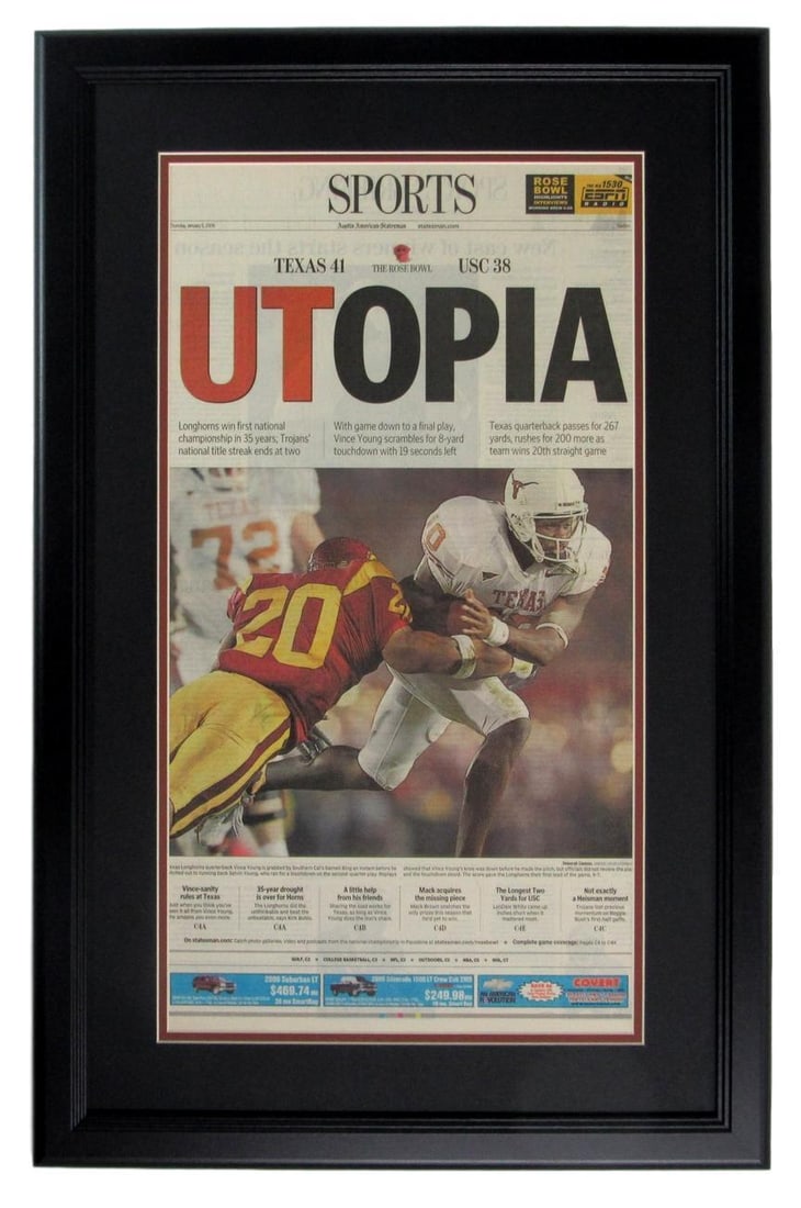 Framed Sports Newspaper Texas Rose Bowl Victory University of Texas NCAA (1 of 1)