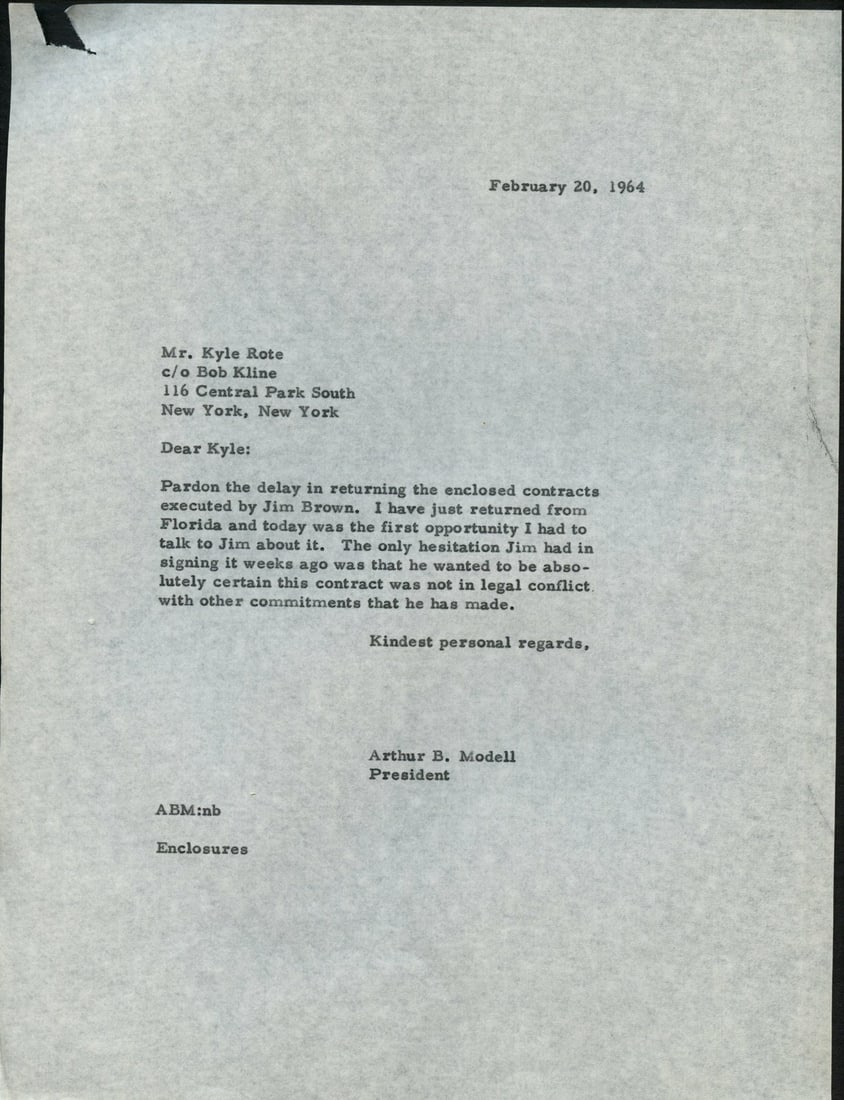 1965 Letter to Jim Brown Legal Investigation NFL History: 1965 Letter to Jim Brown Legal Investigation NFL History This historical letter dated July 27, 1965, addresses NFL star Jim Brown concerning an itemized private legal investigation conducted by S.J. Y