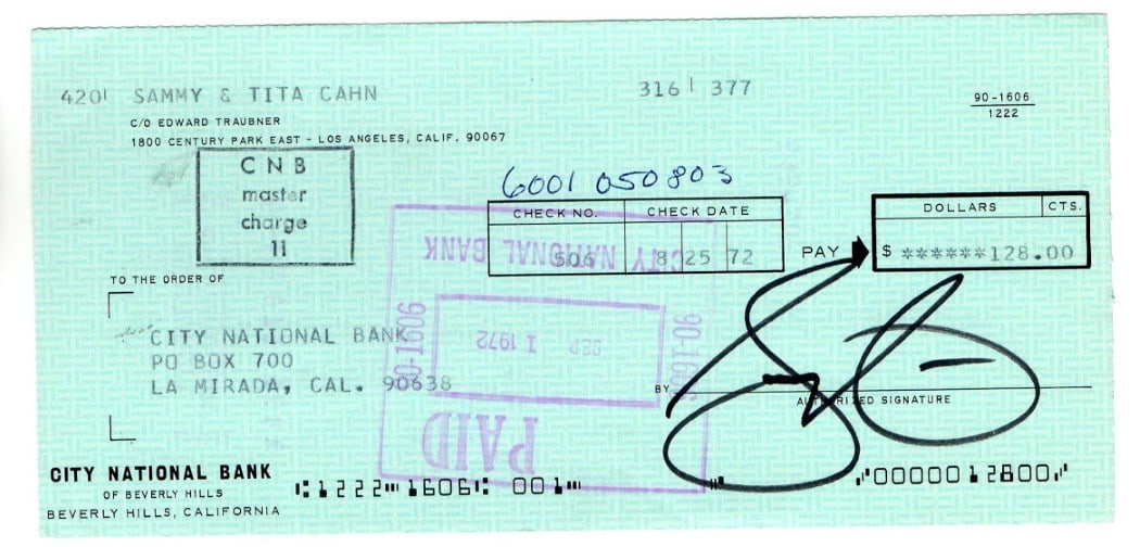 1972 Bank Check Signed by Songwriter Sammy Cahn JSA Authenticated: 1972 Bank Check Signed by Songwriter Sammy Cahn JSA Authenticated This is an original bank check signed by legendary songwriter Sammy Cahn. The autograph has been authenticated by James Spence Authent