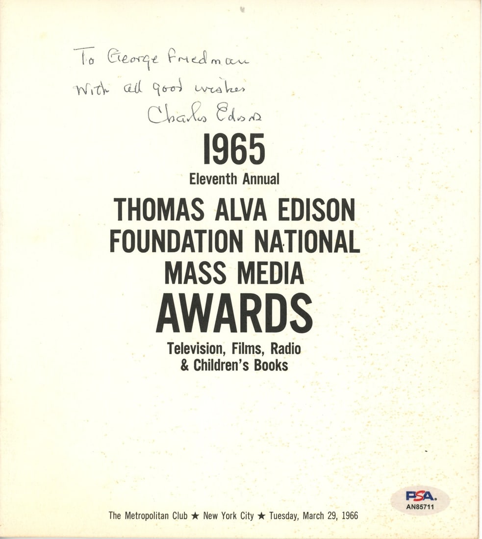 Charles Edison Signed Thomas Edison Media Awards Program PSA/DNA Authenticated (1 of 2)