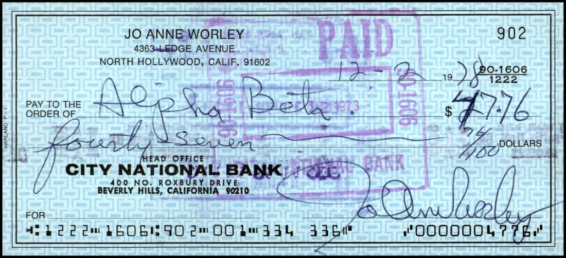 Jo Anne Worley Signed Bank Check Authenticated by JSA: Jo Anne Worley Signed Bank Check Authenticated by JSA This is an original bank check signed by actress Jo Anne Worley, known for her vibrant performances in theater and television. The autograph has b