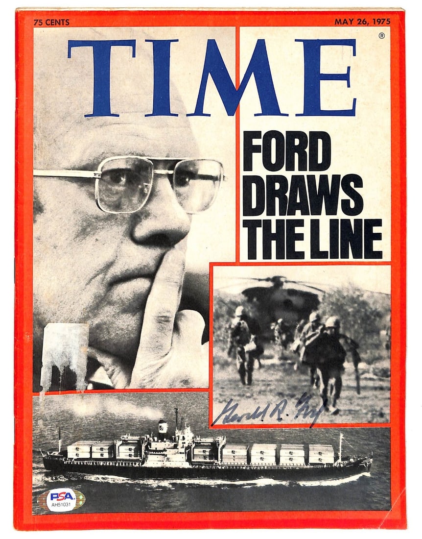 1975 Time Magazine Signed by Gerald Ford PSA DNA Authenticated: 1975 Time Magazine Signed by Gerald Ford PSA DNA Authenticated This original 1975 Time Magazine features the autograph of President Gerald Ford. The signature has been authenticated by PSA/DNA, ensuri