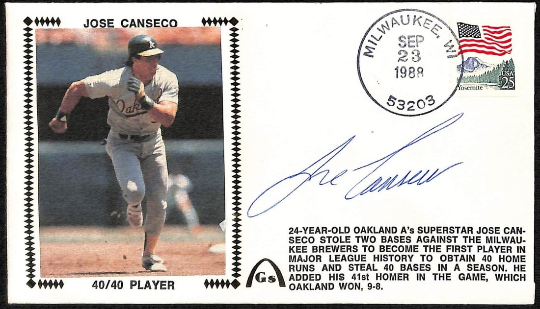 Jose Canseco Autographed First Day Cover A's 40/40 Club: Jose Canseco Autographed First Day Cover A's 40/40 Club Celebrate the legacy of baseball with this autographed First Day Cover featuring Jose Canseco, a key player in the history of the Oakland Athlet