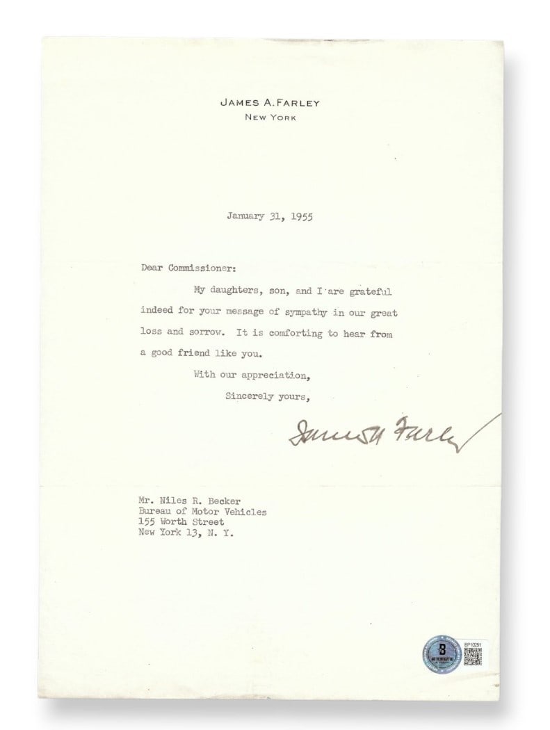 James A Farley 1955 Signed Letter Beckett Authenticated Autograph: James A Farley 1955 Signed Letter Beckett Authenticated Autograph This is an original letter signed by James A. Farley, who served as Postmaster General. The autograph has been authenticated by Becket