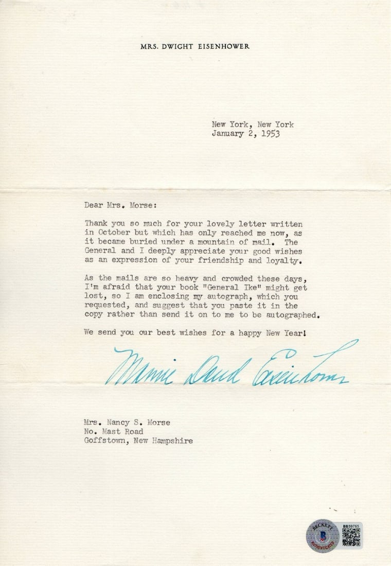 Mamie Eisenhower Autographed Personal Letter 1953 Beckett Authenticated (1 of 2)