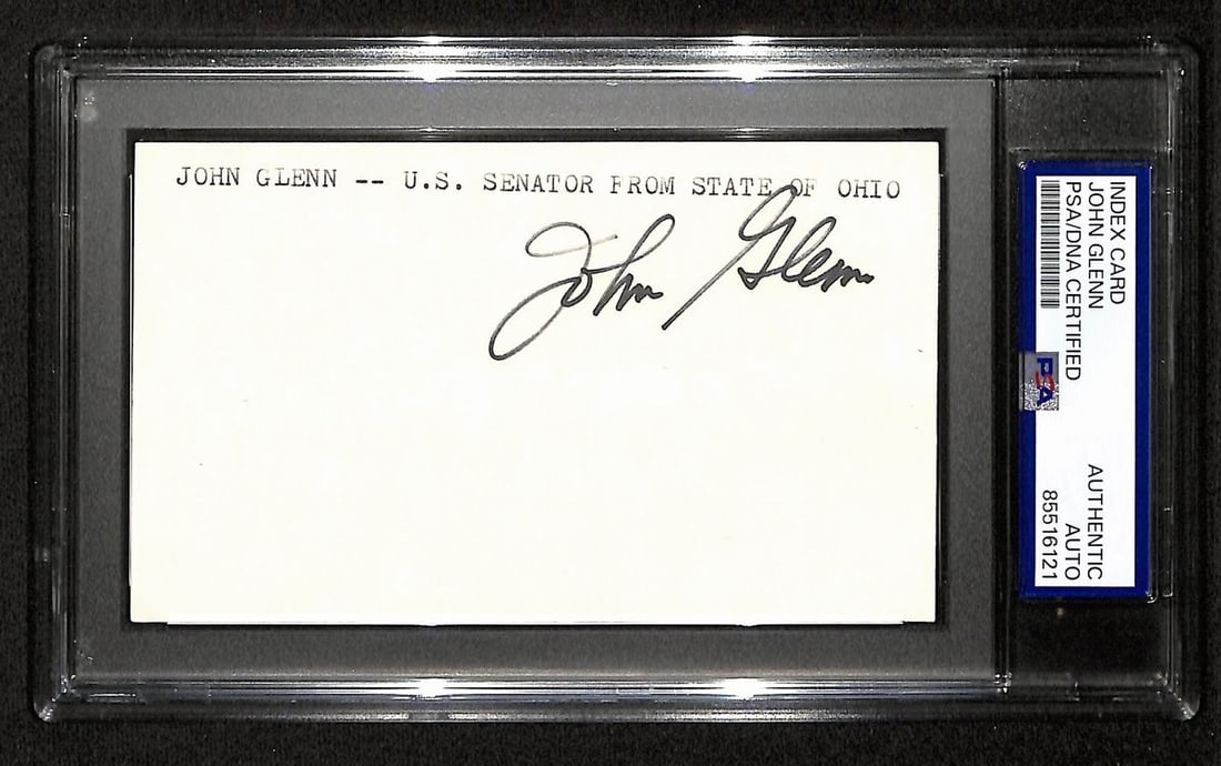 John Glenn Handwritten Signature 3x5 Index Card PSA DNA Authenticated: John Glenn Handwritten Signature 3x5 Index Card PSA DNA Authenticated This is an original 3x5 index card signed by John Glenn, renowned astronaut and senator. The autograph has been authenticated by P