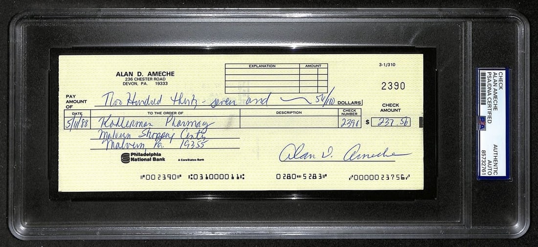 1988 Bank Check Alan Ameche PSA DNA Heisman Wisconsin Colts: 1988 Bank Check Alan Ameche PSA DNA Heisman Wisconsin Colts This is an original 1988 bank check signed by Alan Ameche, the 1954 Heisman Trophy winner from Wisconsin and notable Baltimore Colts player.