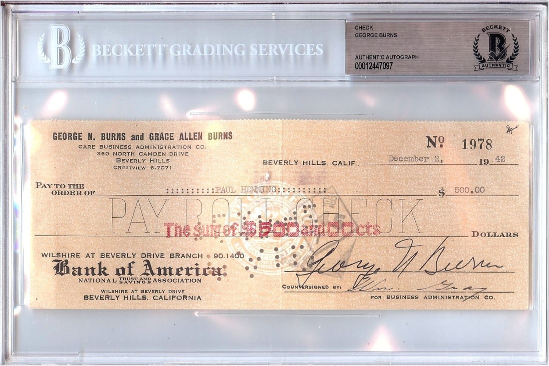 Beckett Authenticated George Burns Signed 1942 Personal Check (1 of 1)