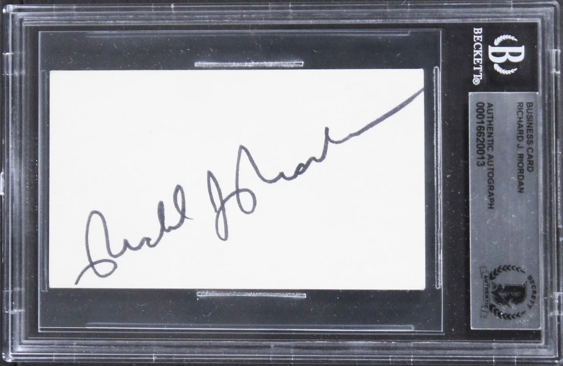 Richard J. Riordan Signed 3x5 Index Card Beckett Authenticated: Richard J. Riordan Signed 3x5 Index Card Beckett Authenticated This authentic autographed 3x5 index card features the signature of Richard J. Riordan, a notable figure. The item has been certified as 