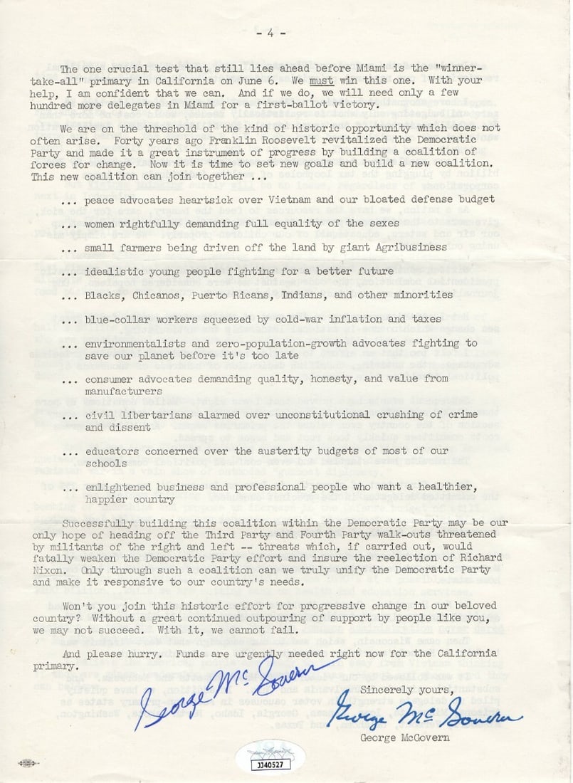 George McGovern Signed Personal Letter Authenticated by JSA (1 of 3)