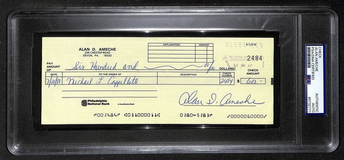 1988 Alan Ameche Autographed Bank Check PSA DNA 1954 Heisman Wisconsin: 1988 Alan Ameche Autographed Bank Check PSA DNA 1954 Heisman Wisconsin This is an original 1988 bank check signed by Alan Ameche, the 1954 Heisman Trophy winner from Wisconsin and former Baltimore Col