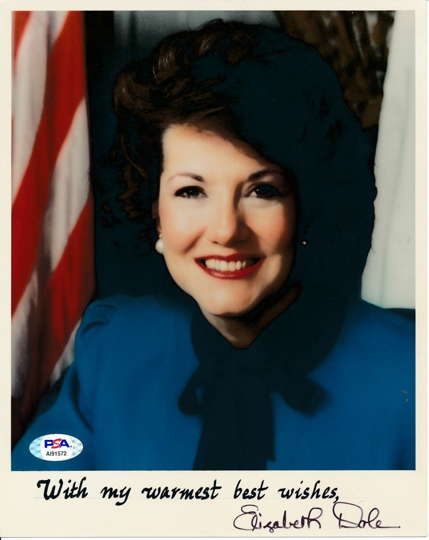 Elizabeth Dole Autographed 8x10 Photo PSA/DNA Certified: Elizabeth Dole Autographed 8x10 Photo PSA/DNA Certified This offering features a signed 8x10 photograph of Elizabeth Dole, a prominent politician, which has been authenticated by PSA/DNA. The item inc