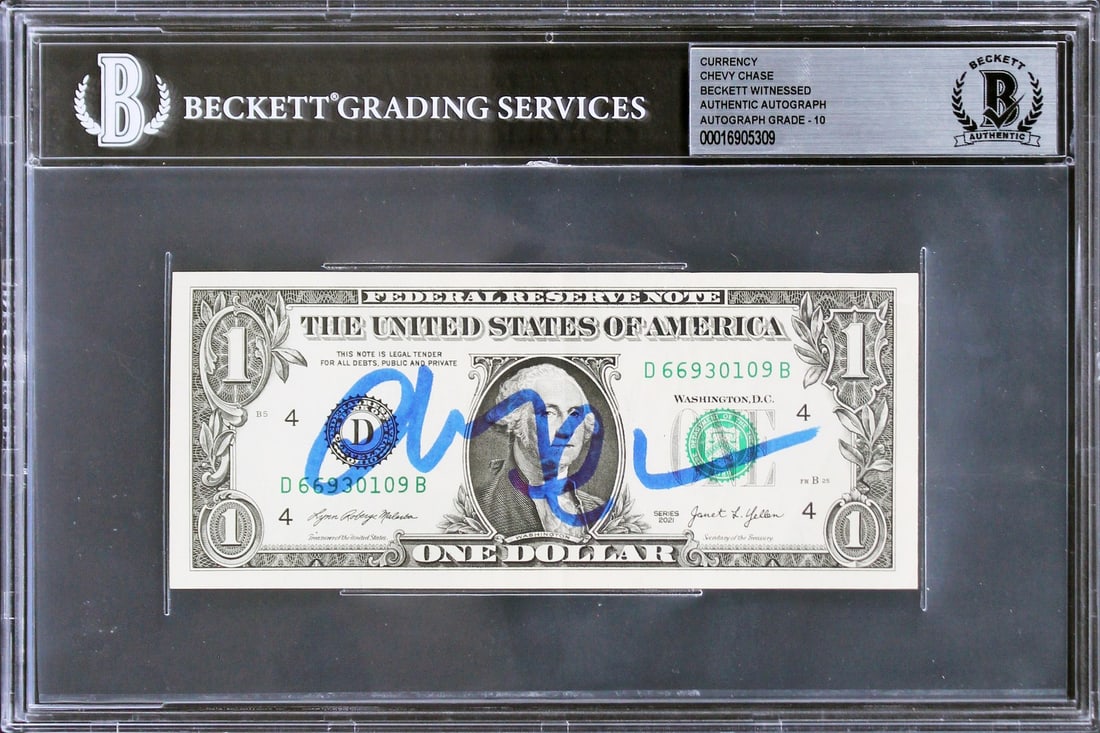 Chevy Chase Signed $1 Bill Graded Gem Mint 10 BAS Authenticated: Chevy Chase Signed $1 Bill Graded Gem Mint 10 BAS Authenticated This authentic autographed $1 bill, personally signed by Chevy Chase, features a Gem Mint 10 grade from Beckett Authentication Services.