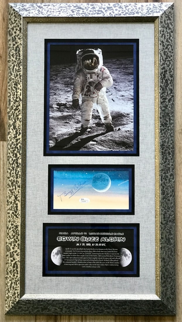 Buzz Aldrin Signed Custom Framed Display Apollo 11 JSA Authenticated: Buzz Aldrin Signed Custom Framed Display Apollo 11 JSA Authenticated This custom framed display features the autograph of Edwin "Buzz" Aldrin, the Apollo 11 astronaut and the second man to walk on the
