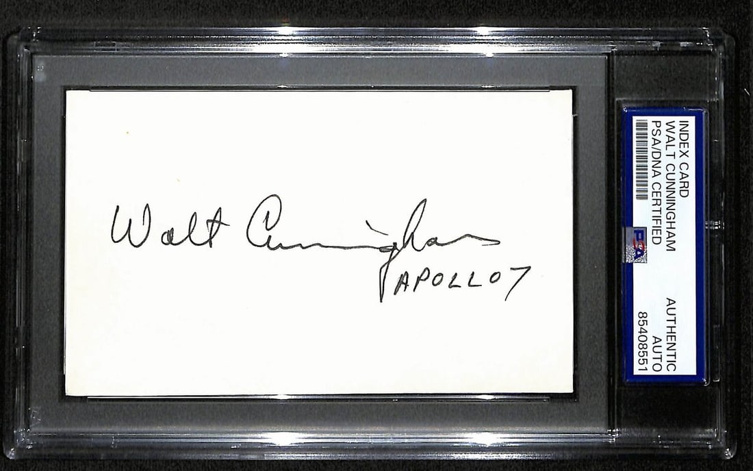 Walt Cunningham Signed Apollo 7 Index Card PSA/DNA Authentic: Walt Cunningham Signed Apollo 7 Index Card PSA/DNA Authentic This offering features an original Walt Cunningham signed and inscribed "Apollo 7" 3x5 index card. As an astronaut known for his role in th