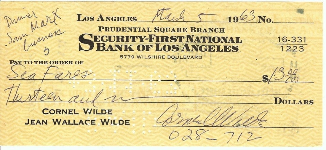 1963 Bank Check Hand Signed by Cornel Wilde JSA Authenticated: 1963 Bank Check Hand Signed by Cornel Wilde JSA Authenticated This is an original bank check signed by actor and director Cornel Wilde from 1963. The autograph has been authenticated by James Spence A