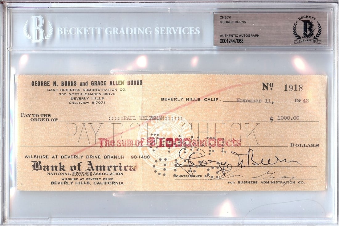1942 George Burns Actor Signed Personal Check Beckett Authenticated: 1942 George Burns Actor Signed Personal Check Beckett Authenticated This is an original personal check autographed by actor George Burns. The check has been authenticated by Beckett Authentication and