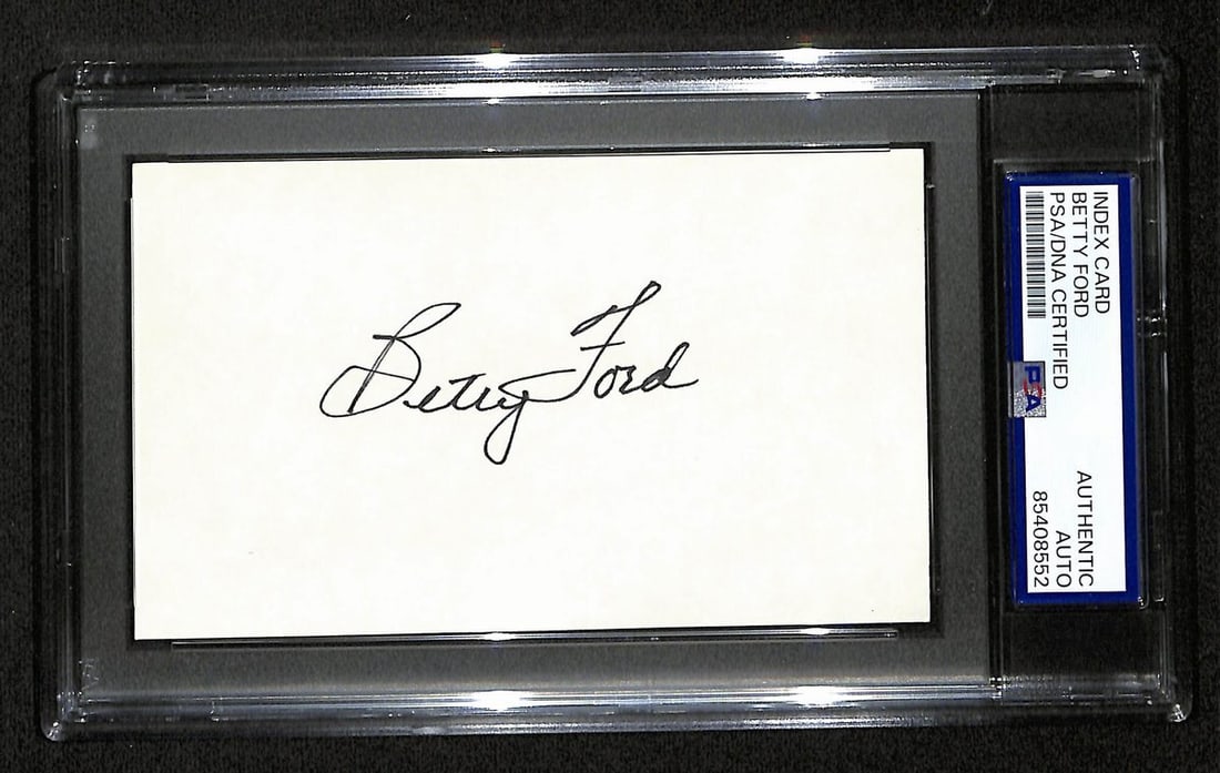 Betty Ford Signed Index Card 3x5 PSA/DNA Authenticated: Betty Ford Signed Index Card 3x5 PSA/DNA Authenticated This offering features an original signed 3x5 index card by Betty Ford, the 1st Lady of the United States. The authenticity of the signature is v