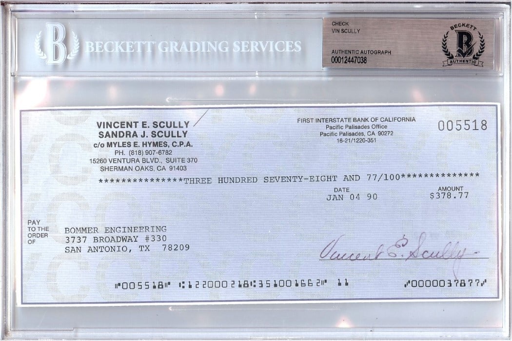 Personal Check Endorsed by Vin Scully Beckett Authenticated Los Angeles Dodgers 1990: Personal Check Endorsed by Vin Scully Beckett Authenticated Los Angeles Dodgers 1990 This is an original personal check signed by Vin Scully, the legendary broadcaster of the Los Angeles Dodgers. The 