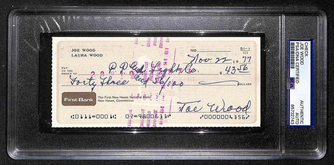 1977 Bank Check Signed by Smokey Joe Wood PSA DNA Boston Red Sox: 1977 Bank Check Signed by Smokey Joe Wood PSA DNA Boston Red Sox This is an original 1977 bank check signed by Hall of Famer Smokey Joe Wood of the Boston Red Sox. The check has been authenticated and